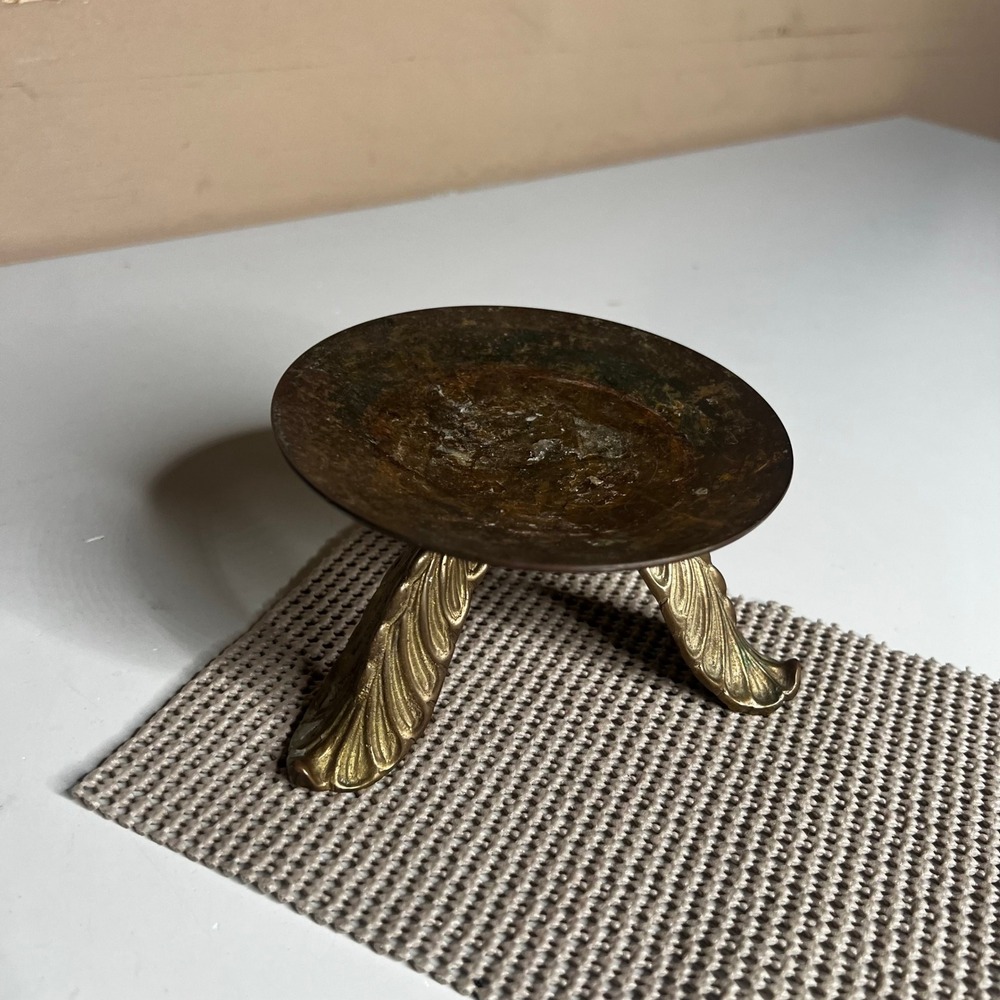 Vintage Brass Pillar Candle Holder Tripod Leaf Feet Ornate Riser 4 Inch Diameter